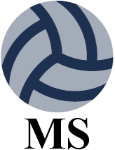 Stylized gray and navy volleyball logo with curved panel lines, positioned above large black serif letters undefinedMSundefined on a white background.